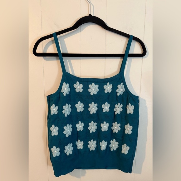 Lea & Viola Anthropologie Tank Top Women’s Medium Blue Daisy Knit Boho Preppy - Picture 6 of 9